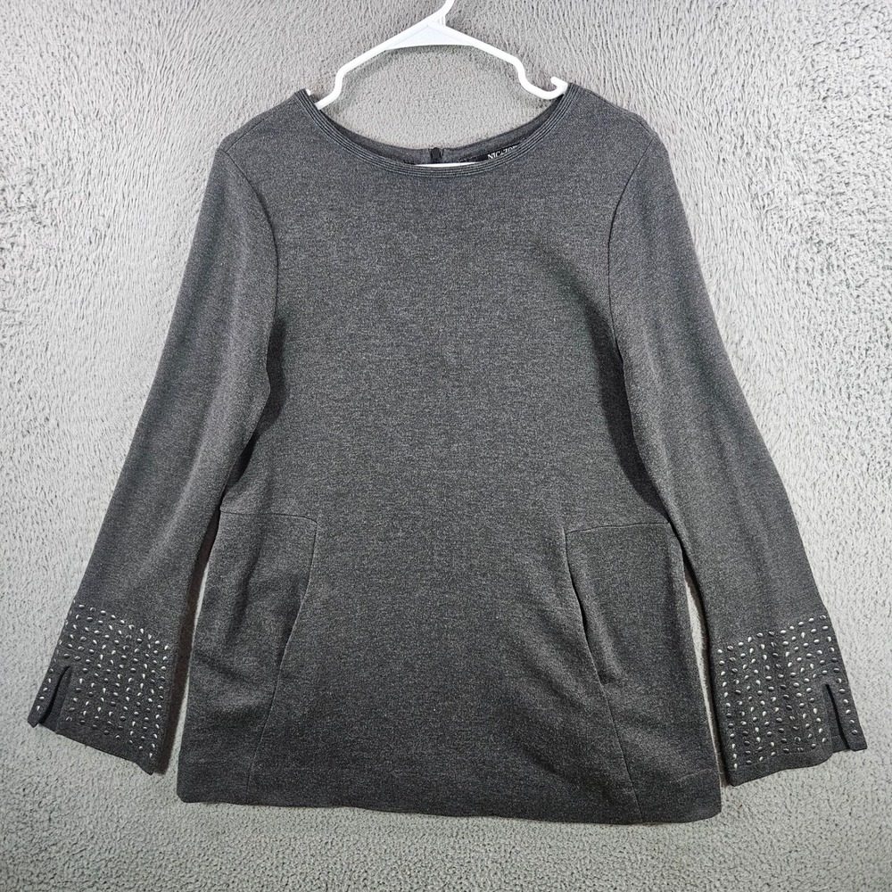 Nic+Zoe Womens Gray Studded Cuff Long Sleeve Pocket Knit Top Tunic Medium